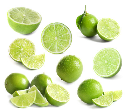 Set with fresh limes on white background