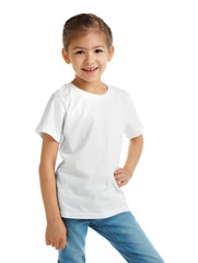 Little girl in t-shirt on white background. Mockup for design