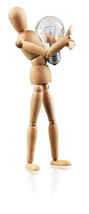 Wooden man figure with light bulb isolated on white background