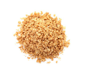 Buckwheat flakes on white background. Healthy grains and cereals
