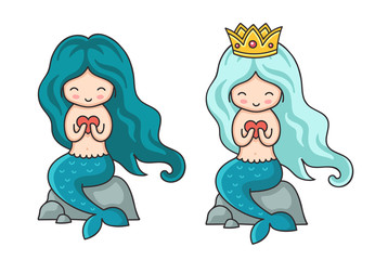 Cute little mermaid with turquoise hair with heart in hands. Syren, sitting on a rock. Cartoon vector illustration.