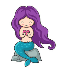 Cute little mermaid with purple hair with heart in hands. Syren, sitting on a rock. Cartoon vector illustration.