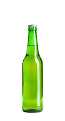 Bottle of tasty cold beer on white background