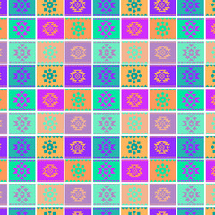 Gorgeous floral patchwork design. Moroccan or Mediterranean square tiles, tribal ornaments. For wallpaper print, pattern fills, background, surface textures. Indigo blue white teal aqua. seamless.