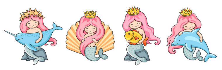 Set of beautiful little mermaids with pink hair. Dolphin, narwhal, fish. Cartoon characters. Vector illustrations.