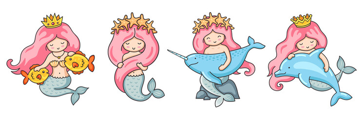 Set of beautiful little mermaids with pink hair. Dolphin, narwhal, fish. Cartoon characters. Vector illustrations.