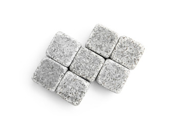 Whiskey stones on white background, top view