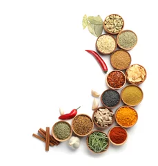 Papier Peint photo autocollant Aromatique Beautiful composition with different aromatic spices on white background