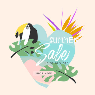 Tropical collage sale banner in hawaiian style with toucan bird and exotic floral decoration elements. Colorful summer background for advertising made in vector