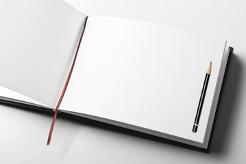 Blank open diary or sketching book with pencil 