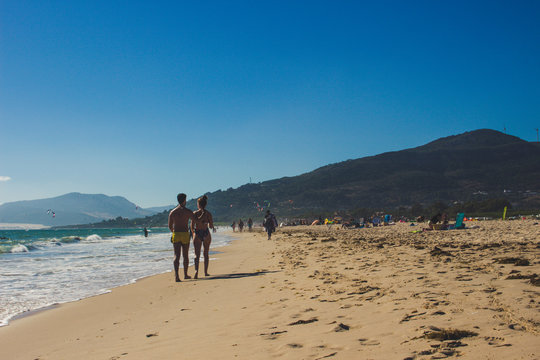 Beach. “Punta Paloma” beach and Kiteboarding. Tarifa, Andalusia, Spain. Picture taken 29 july 2018.
