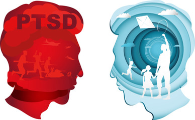 Soldier With PTSD. Special forces United States soldier or private military contractor with PTSD. Vector background. Concept of poster treatment PTSD.