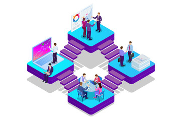 Isometric Analysis data and Investment. Project management, business communication, workflow and consulting. Website and mobile website development, SEO, mobile apps, business solutions. - obrazy, fototapety, plakaty