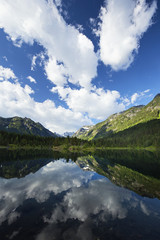 Fototapeta na wymiar puffy clouds reflected in a mountain pond