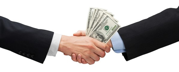 Close-up of business men hands holding money isolated on white