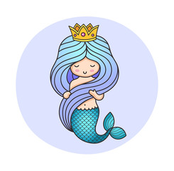 Princess mermaid with crown and long beautiful gradient blue hair. Colorful illustration for print, poster, postcard, invitation. Cartoon character.