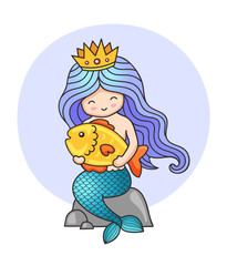 Princess mermaid, sitting on a rock, holding big golden fish. Print for kids, children, babies clothes and fashion. Colorful illustration.