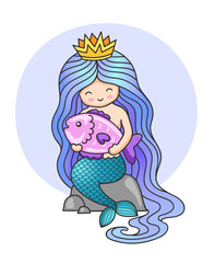 Little cute mermaid with long gradient beautiful hair, sitting on a rock, holding big fish. Cartoon character. Colorful illustration.