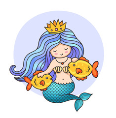 Cute princess mermaid with crown and two golden fish. Cartoon character. Vector illustration.