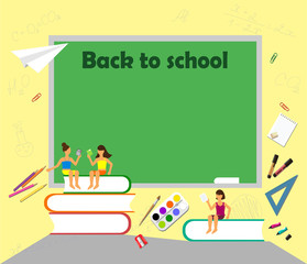 back to the text of the school drawing with chalk on a blackboard with school subjects, books, characters and elements. Vector, flat.