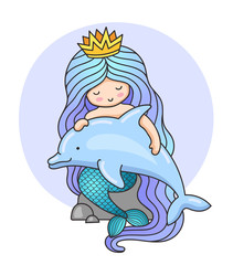 Little lovely princess mermaid, sitting on a rock, holding dolphin. Kawaii cartoon character. Colorful illustration for print, poster, postcard.