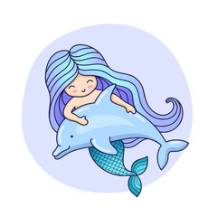 Mermaid with long blue hair, floating with dolphin. Colorful illustration for print, poster, postcard. Cartoon character on a round violet background.
