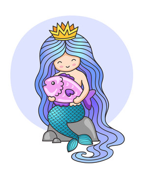 Little cute mermaid with long gradient beautiful hair, sitting on a rock, holding big fish. Cartoon character. Colorful illustration.