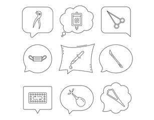Medical mask, blood and dental pliers icons.