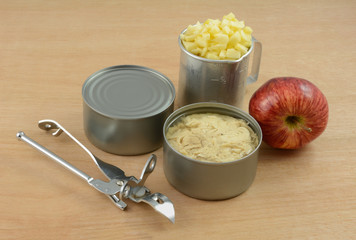 Cans of albacore tuna fish, retro can opener, red delicious apple and chopped apple in retro...