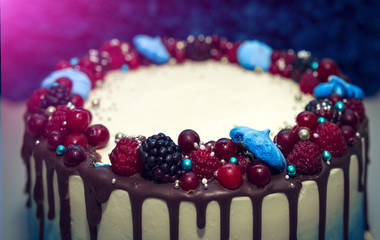 Birthday. Cake with chocolate and strawberry.