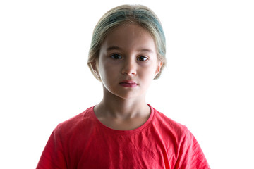 Young girl with colorful hair and a serious look