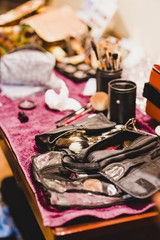 Cosmetics set, palette of eyeshadows, lipsticks, brushes, blush.