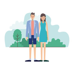 young couple outside scene avatars characters vector illustration design