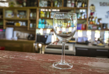 Crystal clear wine glass in the coffee shop