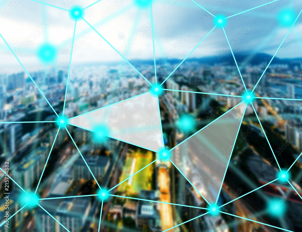 Poster Communication and Networking concept with cityscape on background 
