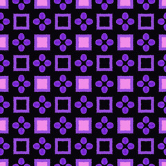 violet watercolor painted floral elements and squares in repeating pattern for textile, fabric, backdrops, wall, wallpaper and creative surface designs. pattern swatch at Ai. file