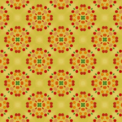 soft yellow, orange, pink and green watercolor painted circles in a reacting symmetrical pattern. for textile, fabric, backdrop, wallpaper and cheerful surface designs. pattern swatch at Ai. file