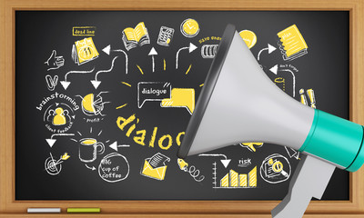 3d Blackboard with business sketch and megaphone.