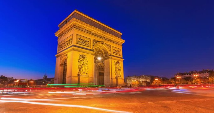4K timelapse of Arc De Triomphe and light trails, Paris
