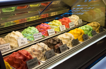 Gelato case showing all the flavors
