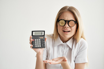 business woman coin glasses calculator