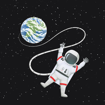 Astronaut in space with limbs akimbo, making peace or v sign connected to the Earth.