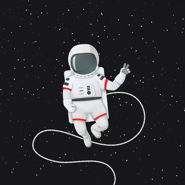 Astronaut in space with tether making peace or v sign. Dark space with stars on the background.