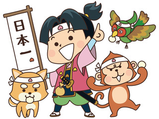 日本一の桃太郎とお供の犬、猿、きじ