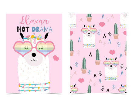 Pink hand drawn cute card with llama,heart glasses and cactus.Llama not drama