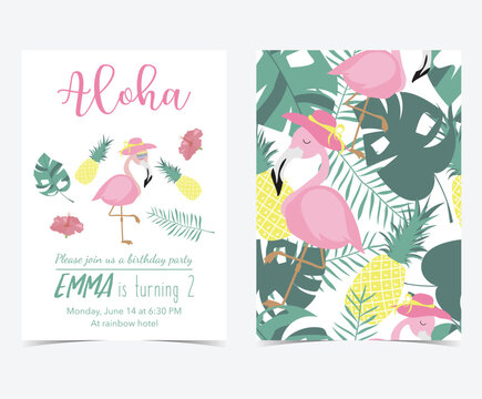 Green pink invitation card with palm, pineapple,hibiscus,flamingo,banana leaf and flower in summer