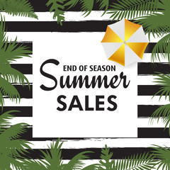 Summer sales card with palm tree leaves . Vector