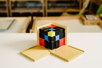 Toys and materials montessori in a classroom of a school for children