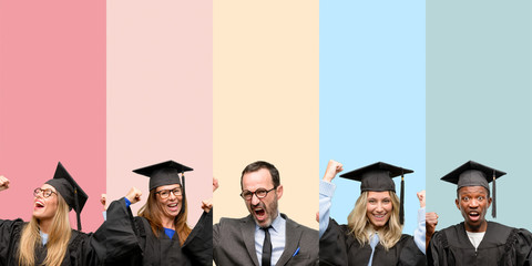 Senior teacher with his graduate students happy and excited celebrating victory expressing big success, power, energy and positive emotions. Celebrates new job joyful