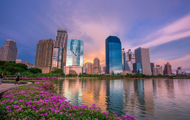 Bangkok: September 9, 2017, Twilight at the city park (Benjakitti) is beautiful in the country. Popular people exercise or share activities, Thailand